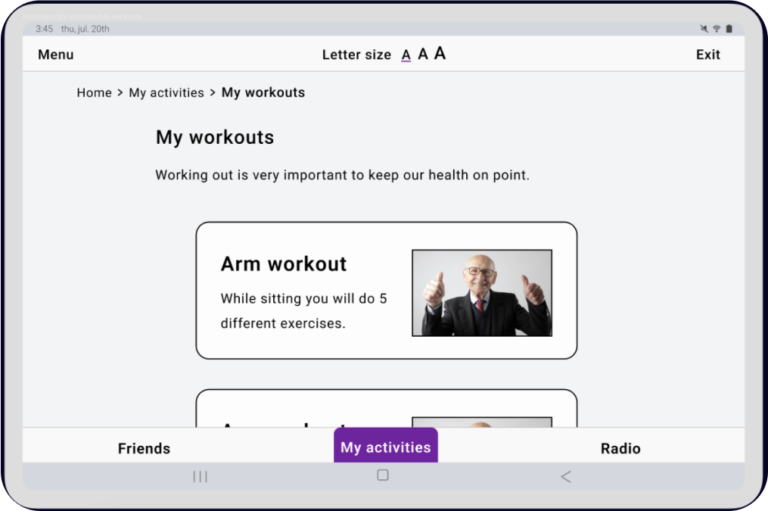 My workouts page in the Fitapp app. It show a list of different types of workouts, in this image, its only visible the first workout card which is "Arm workout"