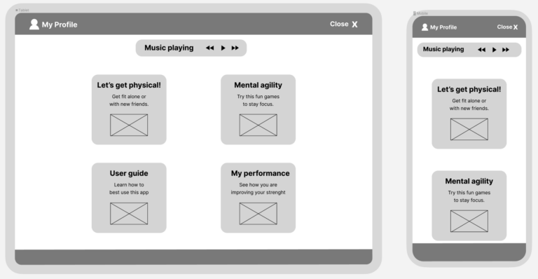 fitapp tablet and mobile on low fidelity wireframes